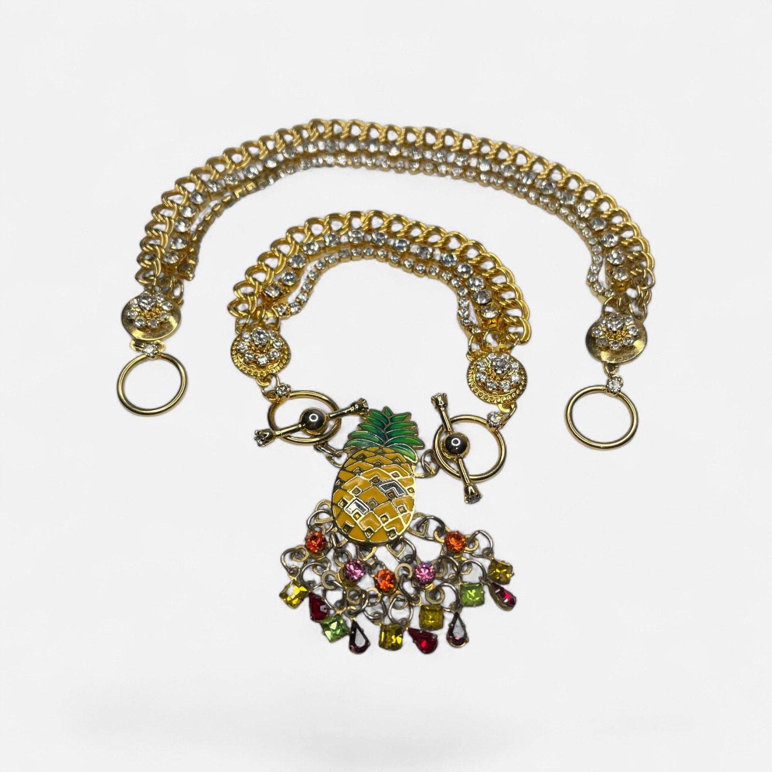 Lunch At The Ritz Pineapple Charm Bracelet Lot Rhinestone Gold Enamel Latr